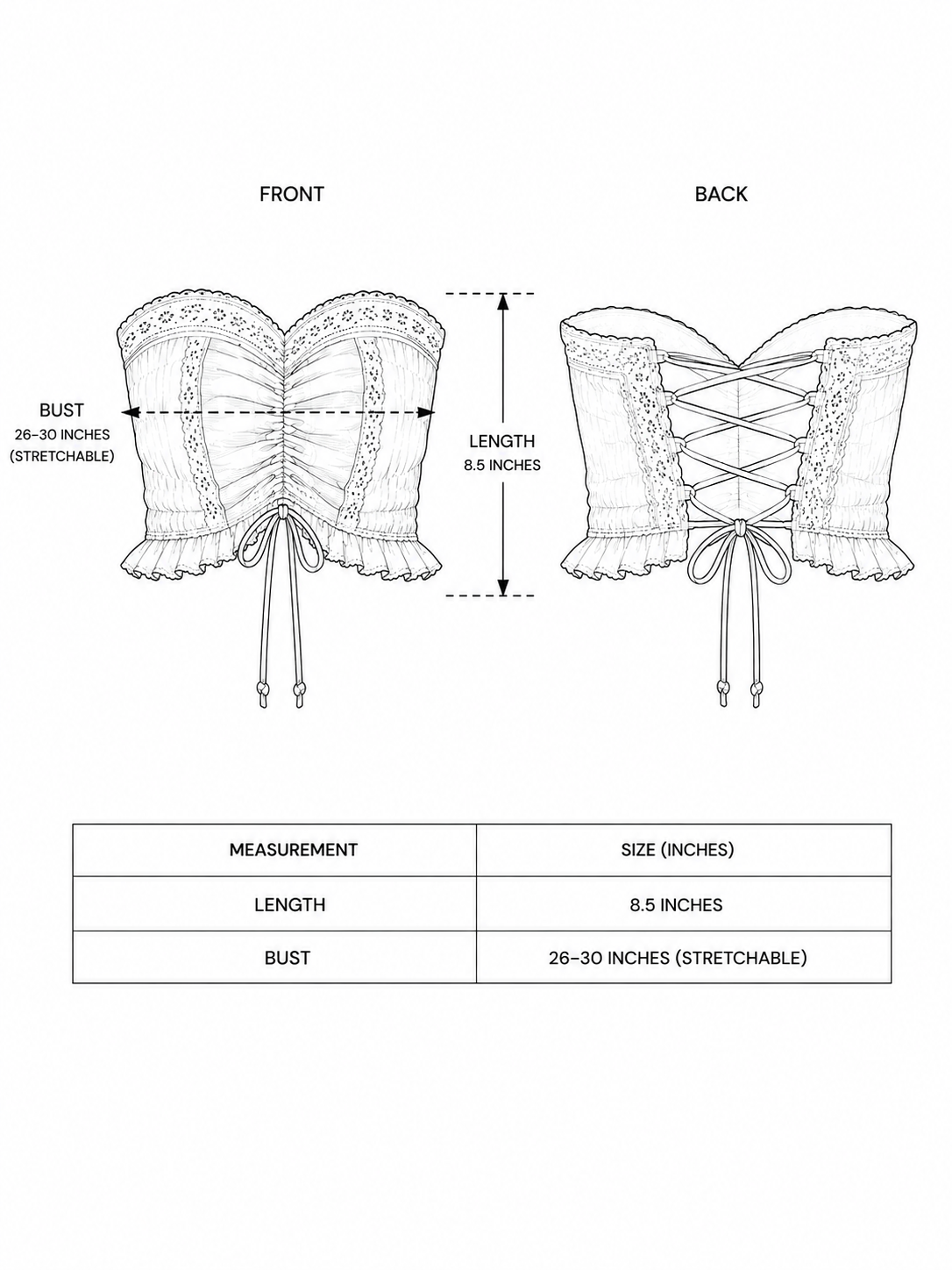 Line drawing of the Mariya Lace-Up Top, shown from front and back. This bohemian crop top features a lace-up back with crisscrossed laces, making it perfect for festival looks. Measurement chart shows an 8.5-inch length and a stretchable bust ranging from 26 to 30 inches.