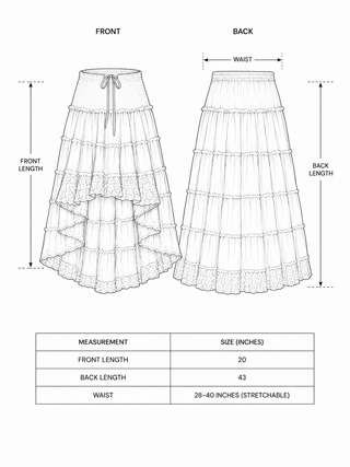 Black and white technical drawing of the Mariya Maxi Skirt, showing front and back views with labeled measurements: front length 20, back length 43, and a stretchable waist ranging from 28 to 40. Subtle lace detailing is featured along the hem for added style.