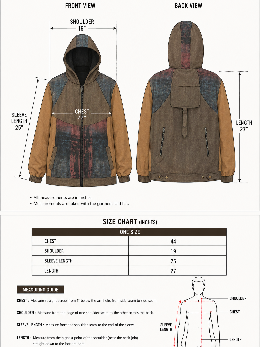 Illustration of the Achada Utility Jacket in a two-tone design, shown from front and back views, featuring a measurement guide and size chart detailing chest, shoulder, sleeve length, and overall length. Includes a diagram indicating where to take measurements on the body—ideal for individuals interested in sustainable fashion.