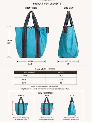 The Anoop Tote Bag is made from blue cotton canvas and features striped handles, displayed in both front and side views. Labeled measurements are: length 16.5″, width 11.5″, and depth 12″. This versatile shoulder bag for everyday use comes with a size chart and an accompanying diagram to illustrate how these measurements are taken.