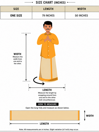 Illustration showing how to measure a Jalaj Dhoti: a man wears the traditional wrap-around garment, with arrows indicating where to measure width and length. Size chart lists one size as 79 inches long and 50 inches wide. Measurement instructions are displayed below the image.