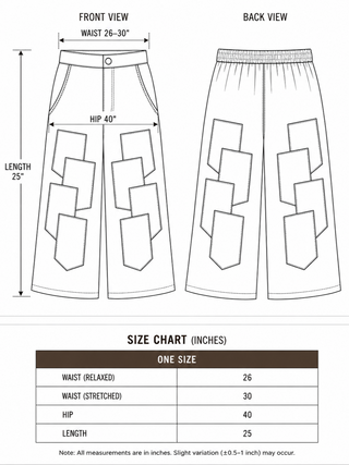 Line drawing of Achada Patchwork Utility Shorts with upcycled patchwork pockets, shown front and back. Waist 26–30, hip 40, length 25. A size chart details relaxed and stretched waist, hip, and length measurements in inches. Crafted with a focus on slow fashion and sustainable design.