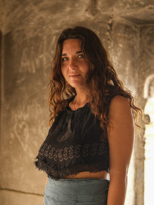 Liva boho crop top in hand block print fabric by Crystal Heal