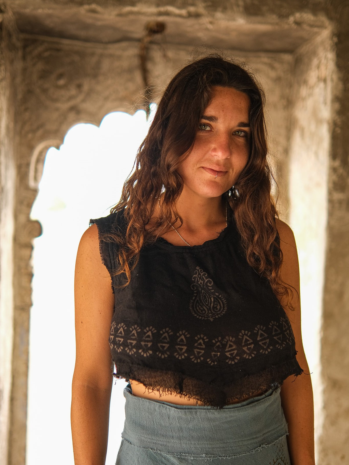 Liva boho crop top in hand block print fabric by Crystal Heal