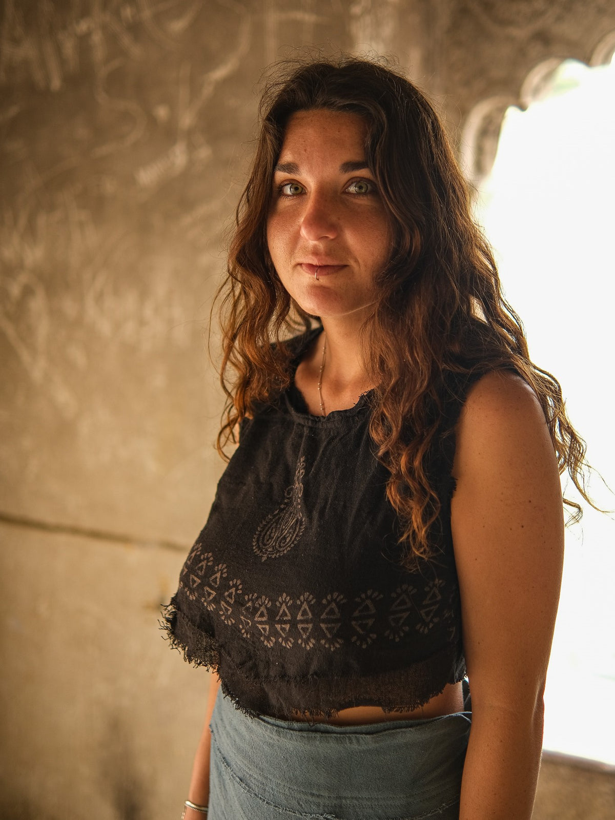 Liva boho crop top in hand block print fabric by Crystal Heal