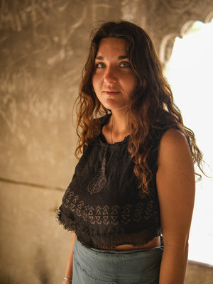 Liva boho crop top in hand block print fabric by Crystal Heal
