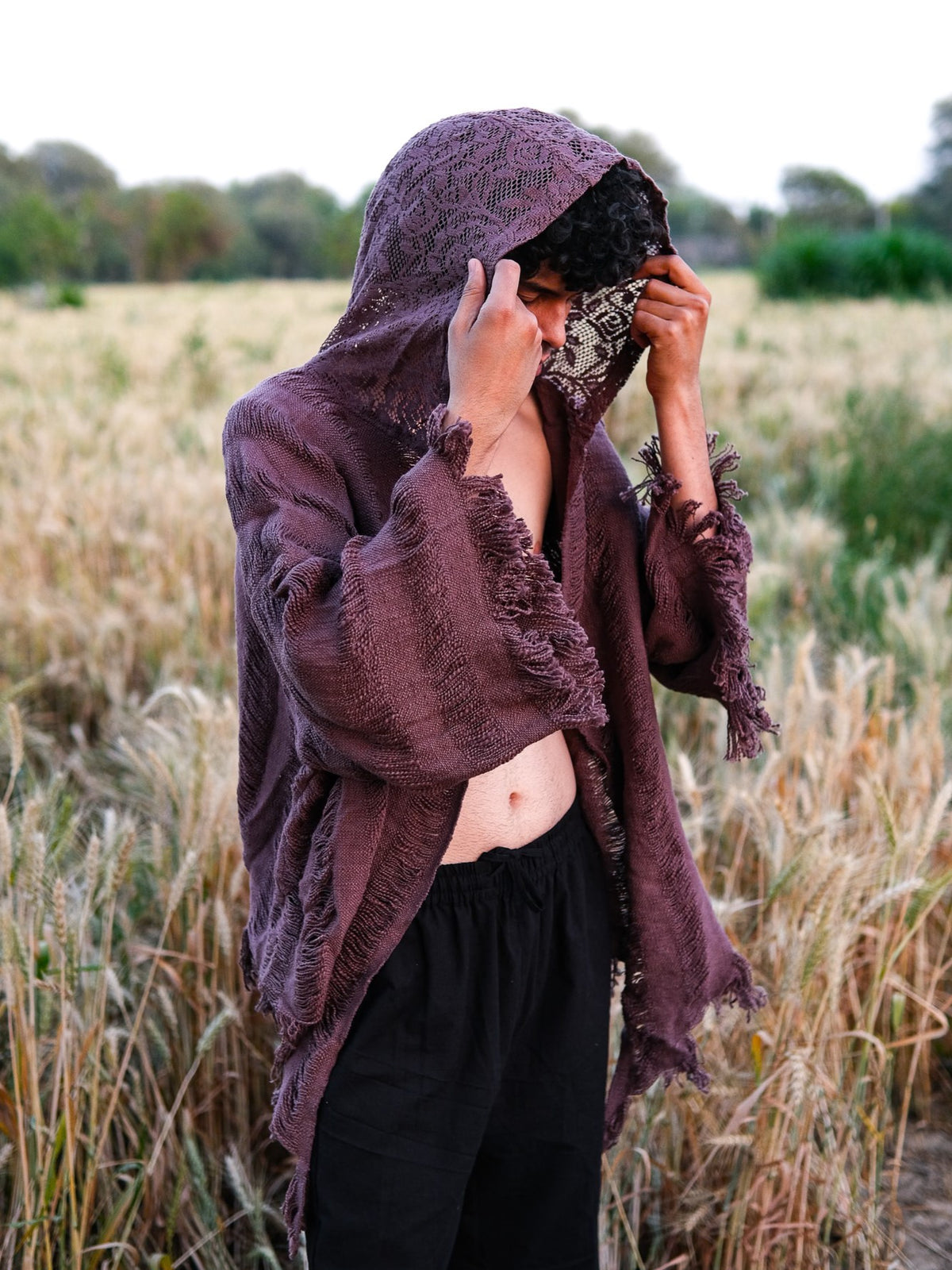Kali black cotton shrug cardigan with hooded fringe detail by Crystal Heal