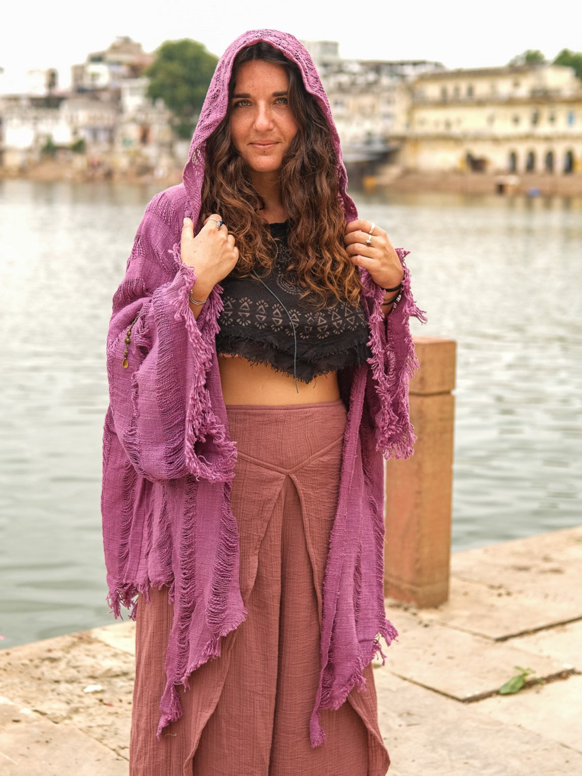 Kali black cotton shrug cardigan with hooded fringe detail by Crystal Heal