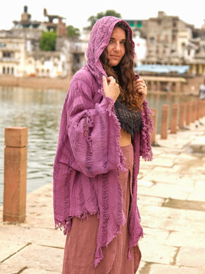 Kali black cotton shrug cardigan with hooded fringe detail by Crystal Heal