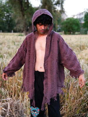 Kali black cotton shrug cardigan with hooded fringe detail by Crystal Heal