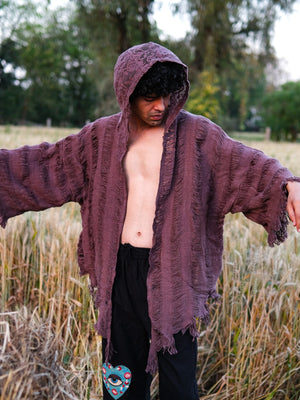 Kali black cotton shrug cardigan with hooded fringe detail by Crystal Heal