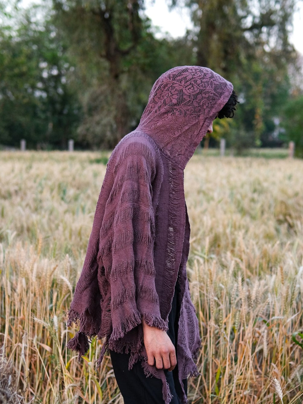 Kali black cotton shrug cardigan with hooded fringe detail by Crystal Heal