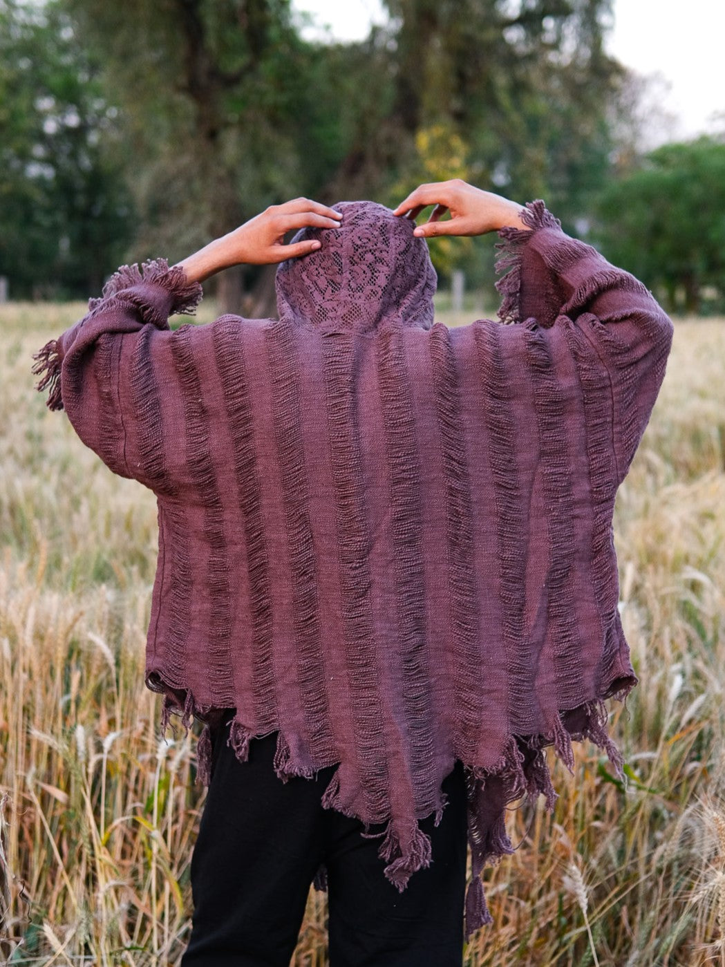 Kali black cotton shrug cardigan with hooded fringe detail by Crystal Heal