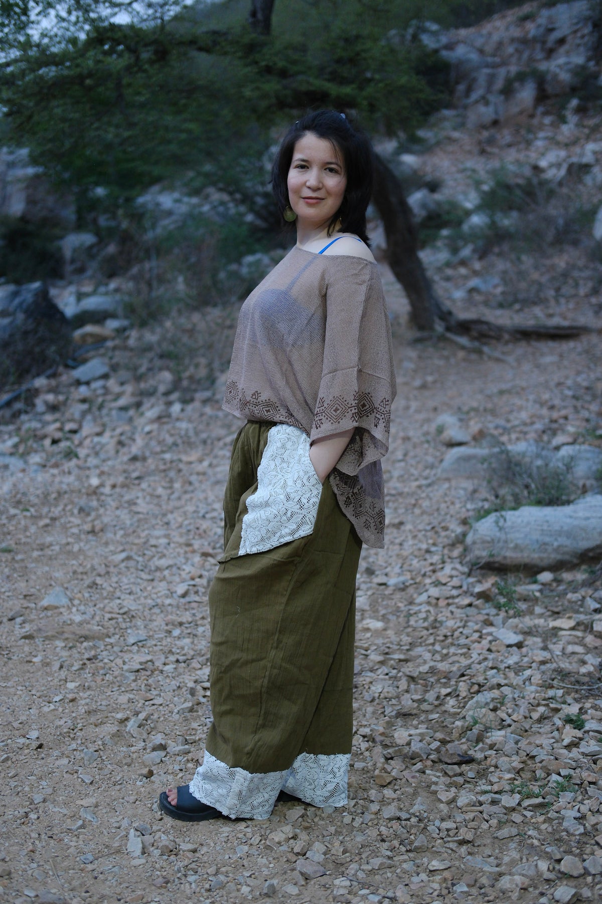 Daksh green double-gauze harem pants with drawstring waist and pockets by Crystal Heal
