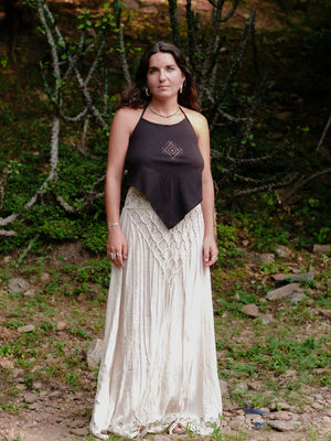 Siara long boho maxi skirt in block print cotton with macrame front panel by Crystal Heal