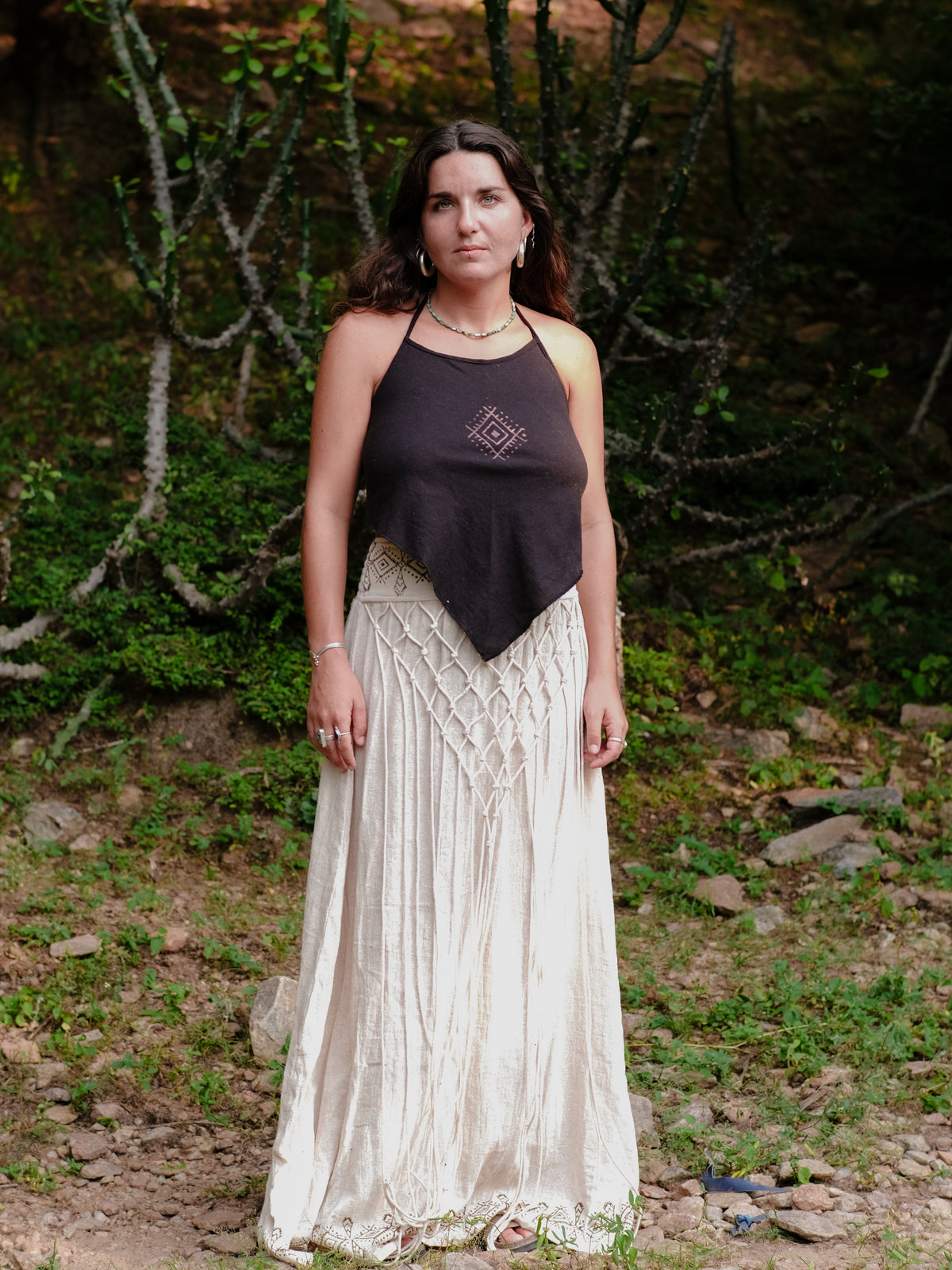 Siara long boho maxi skirt in block print cotton with macrame front panel by Crystal Heal