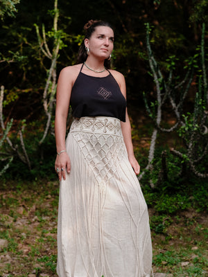Siara long boho maxi skirt in block print cotton with macrame front panel by Crystal Heal