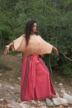 Fisherman wrap pants in hand block printed cotton by Crystal Heal