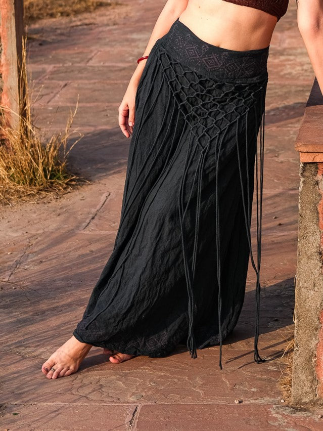 Siara long boho maxi skirt in block print cotton with macrame front panel by Crystal Heal