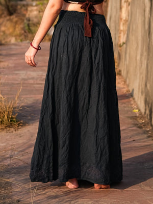 Siara long boho maxi skirt in block print cotton with macrame front panel by Crystal Heal