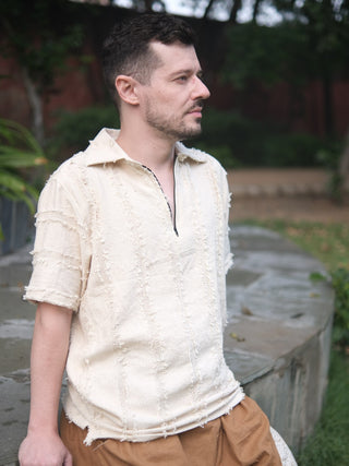 ZÉR — Textured Ivory Half-Zip T-Shirt