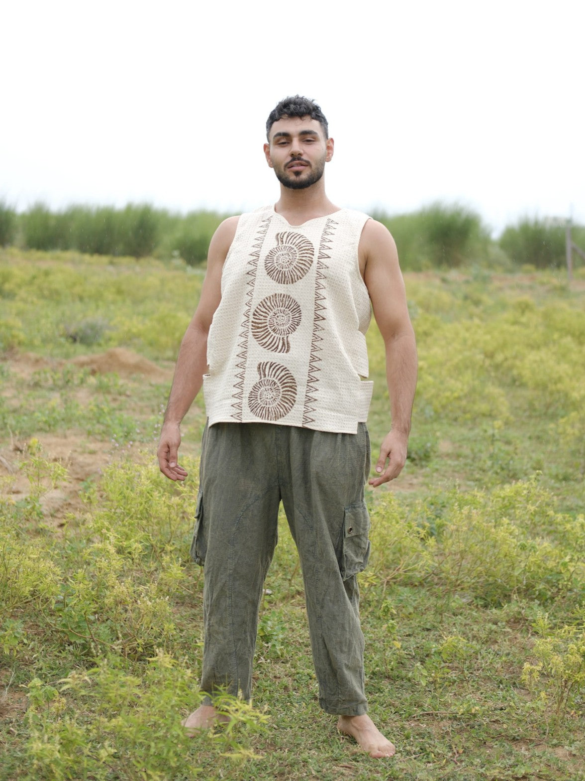 Men's Block Print Vest | Sleeveless Cotton Vest | Natural White Hand Printed Vest | Boxy Layering Waistcoat