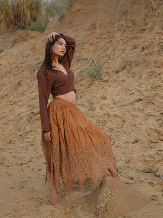 Oojasvi Skirt – Olive Green Khadi Cotton Tiered Boho Skirt for Women