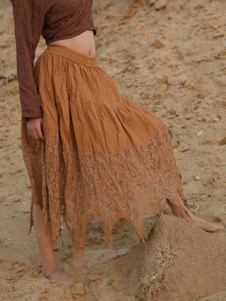 Oojasvi Skirt – Olive Green Khadi Cotton Tiered Boho Skirt for Women