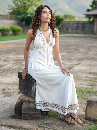 Boho White Halter Maxi Dress