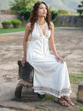 Boho White Halter Maxi Dress