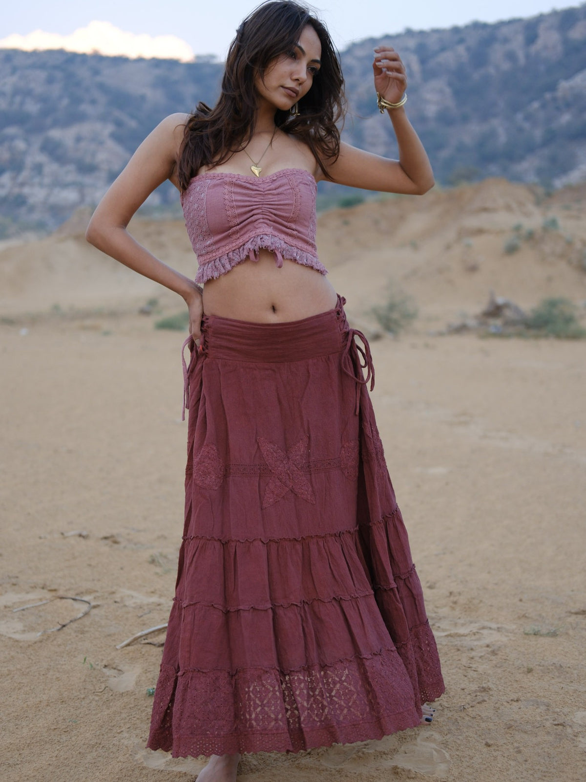 Sitara — Lace-Trim Tiered Maxi Skirt