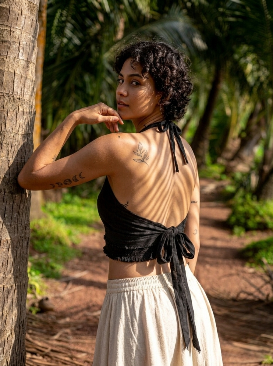 A person with curly hair and tattoos poses by a tree on a sunlit forest path, wearing the black Chiara Crop Top paired with a light skirt. Sunlight creates striped shadows on their back and surroundings.