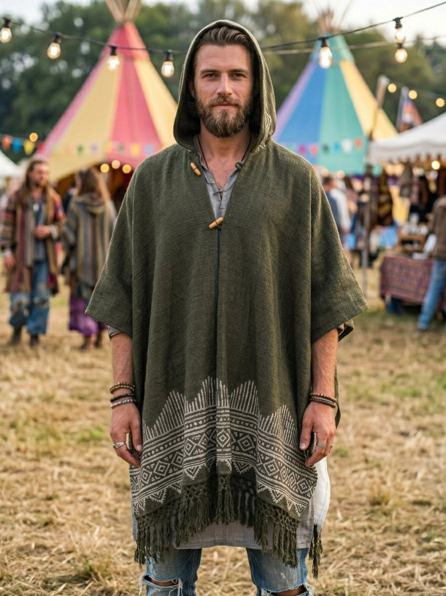 A man stands outdoors at a festival in a hooded green poncho, with vibrant teepees and string lights glowing in the background. Draped over his shoulders is the Swing Shawl—a lightweight layer that adds comfort as he faces forward with a relaxed expression.