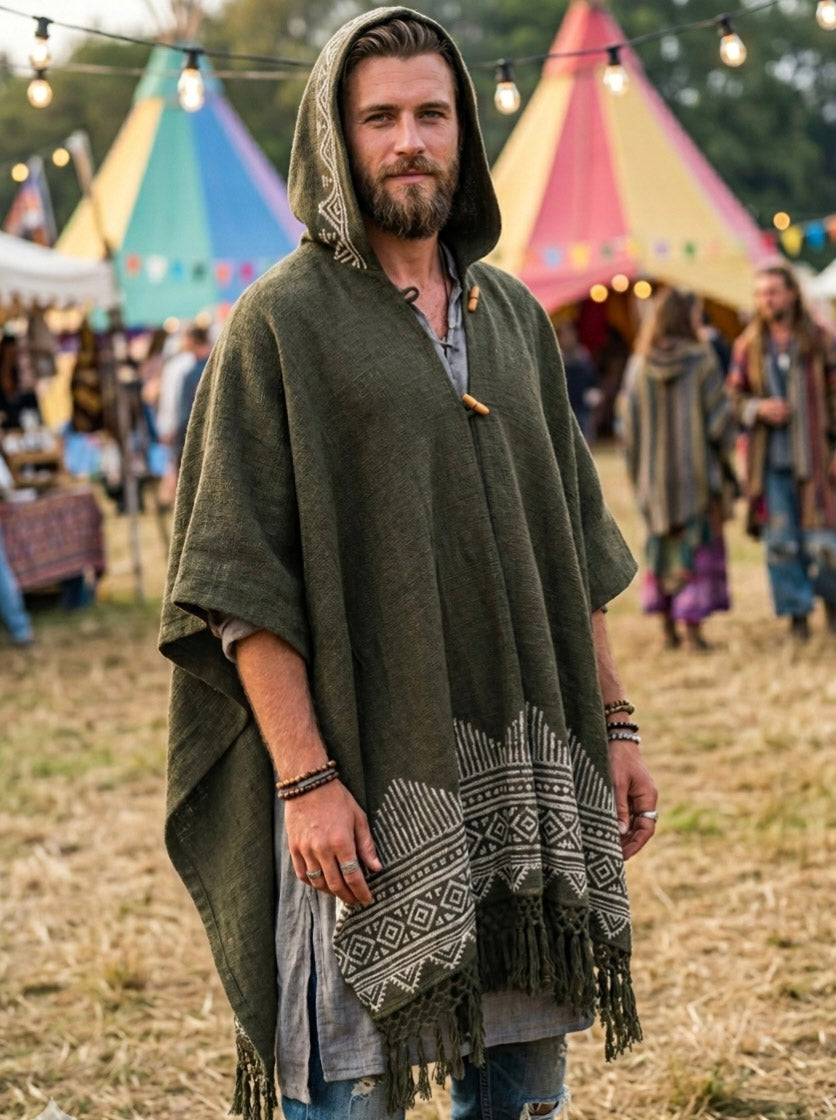At an outdoor festival lit by colorful tents and string lights, a man in a green hooded poncho drapes the lightweight Swing Shawl over his shoulders.