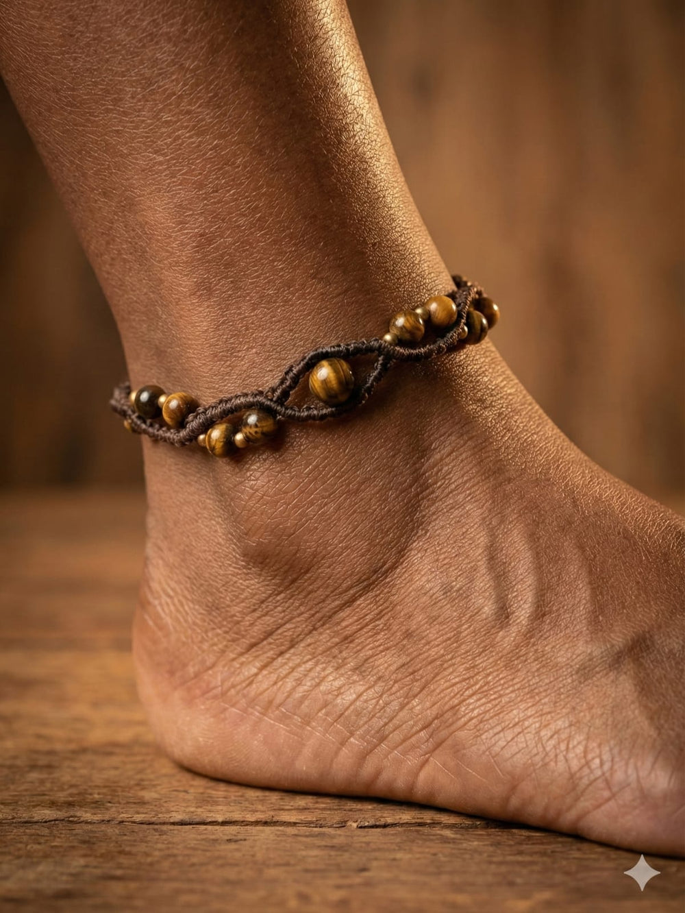 A close-up of an ankle adorned with the Aarohi Aventurine Boho Anklet in brown, featuring a braided macramé design with gold-colored beads, set against a wooden background.