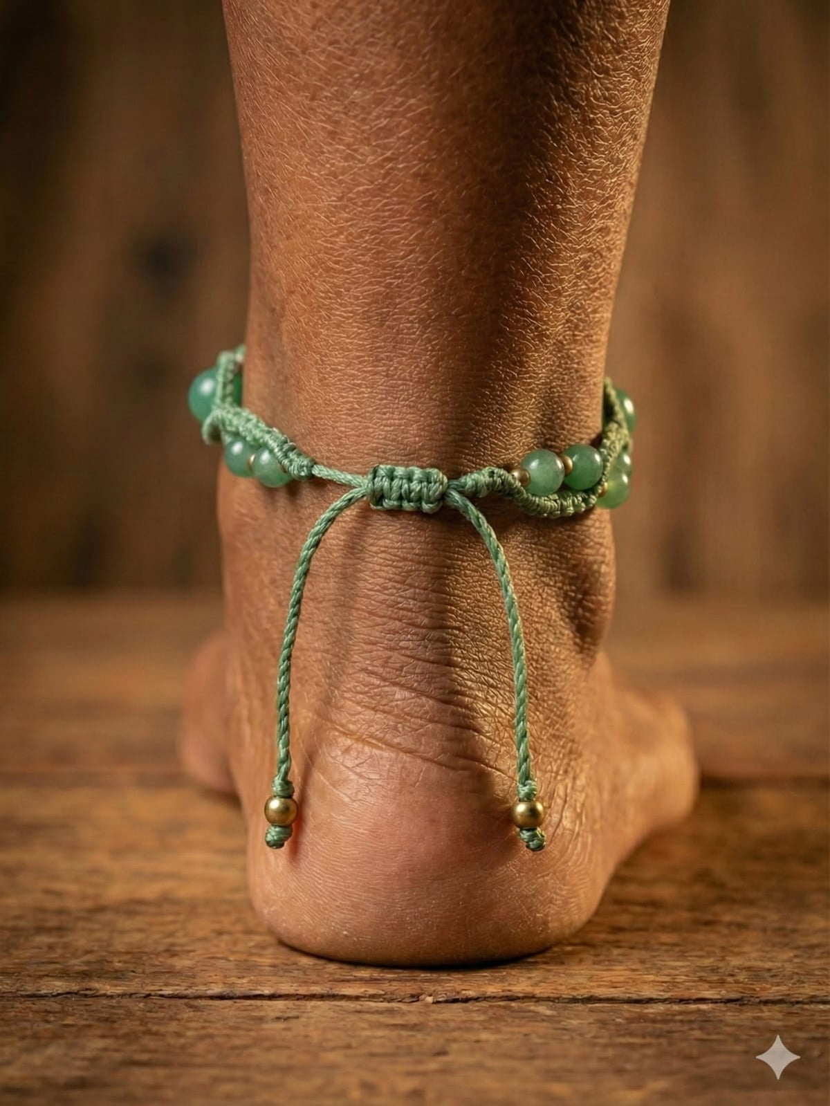 A close-up of a person’s ankle wearing the Aarohi Aventurine Boho Anklet, featuring green beads and dangling strings, standing on a wooden floor with a blurred brown background.