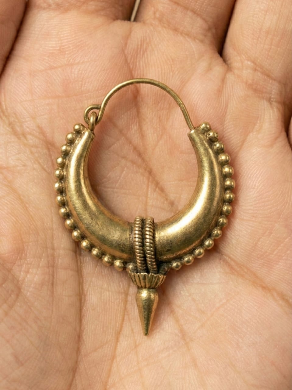 Tribal Crescent Dagger Hoop — Antique Brass Earring