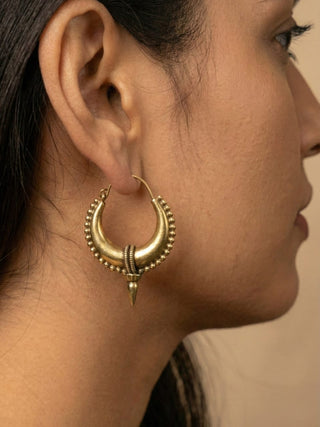 Tribal Crescent Dagger Hoop — Antique Brass Earring