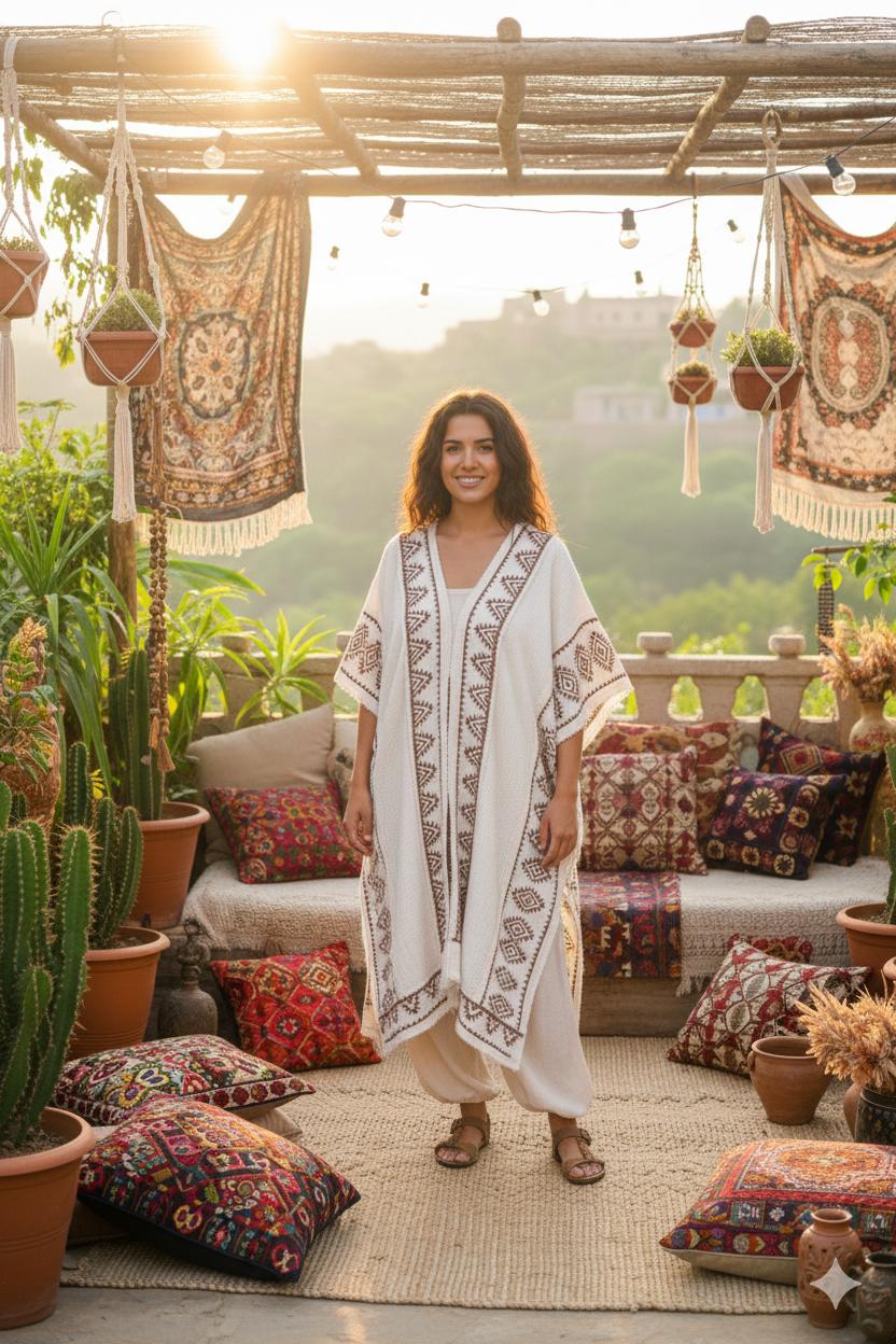 Full-length front view of the model in the natural cream knit kimono with the brown block printed geometric borders on the front bands and sleeves, styled on a bohemian terrace with cushion seating, hanging macrame and potted cacti at golden hour.
