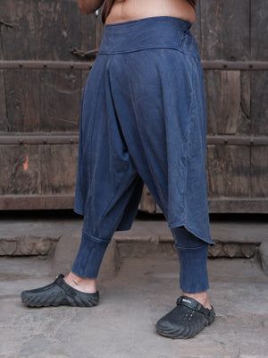 Blue Aabroo Pant angled close view showing the layered dhoti drape at the hem