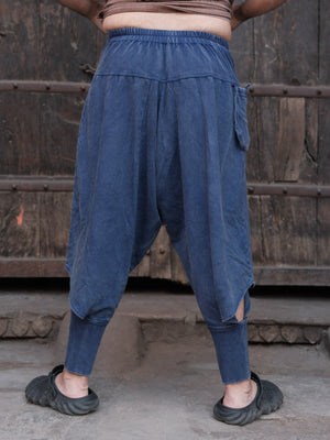 Blue cotton dhoti pants, straight-on back view with gathered waist and cuffs
