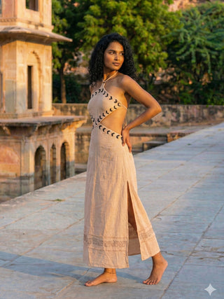 Aadhya cream block print cotton maxi dress, front view with side slit open and hand on hip