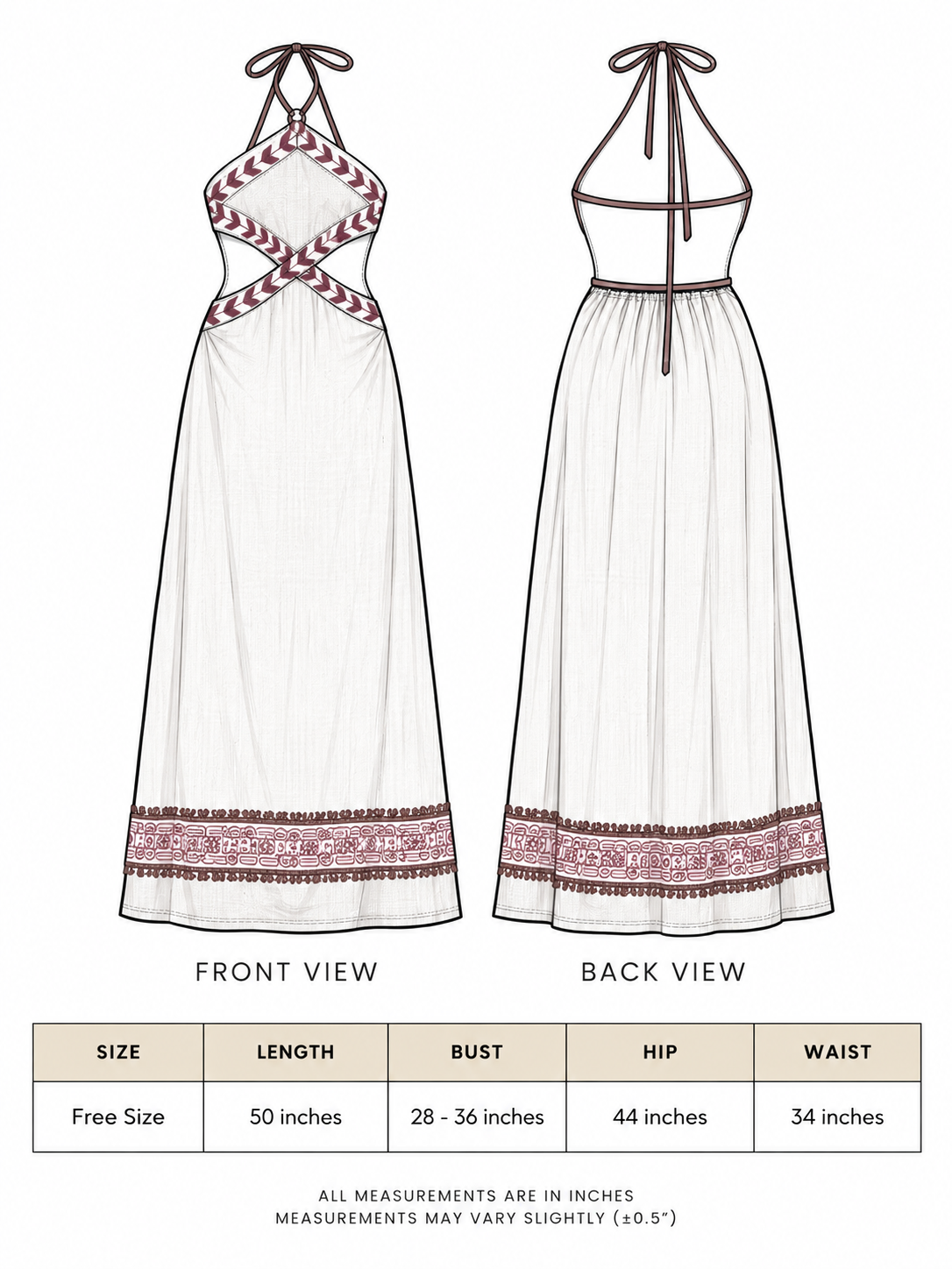 Aadhya Maxi Dress size chart with front and back illustrations, free size measurements in inches