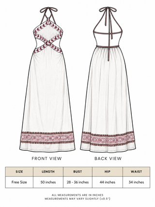 Aadhya Maxi Dress size chart with front and back illustrations, free size measurements in inches