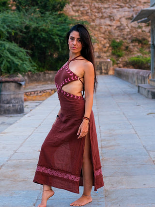Aadhya maroon block print cotton maxi dress, front view with side slit open and hand on hip