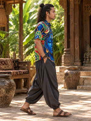 Side profile of man in Aadi Dev blue Shiva print cotton slub shirt walking