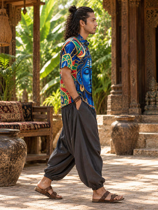 Side profile of man in Aadi Dev blue Shiva print cotton slub shirt walking