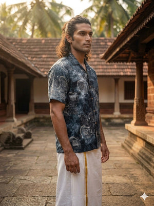 Aasman hand block print cotton shirt for men, three-quarter standing view
