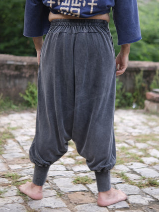 Back view of the Abhay harem pants showing the gathered ankle cuffs and easy fit