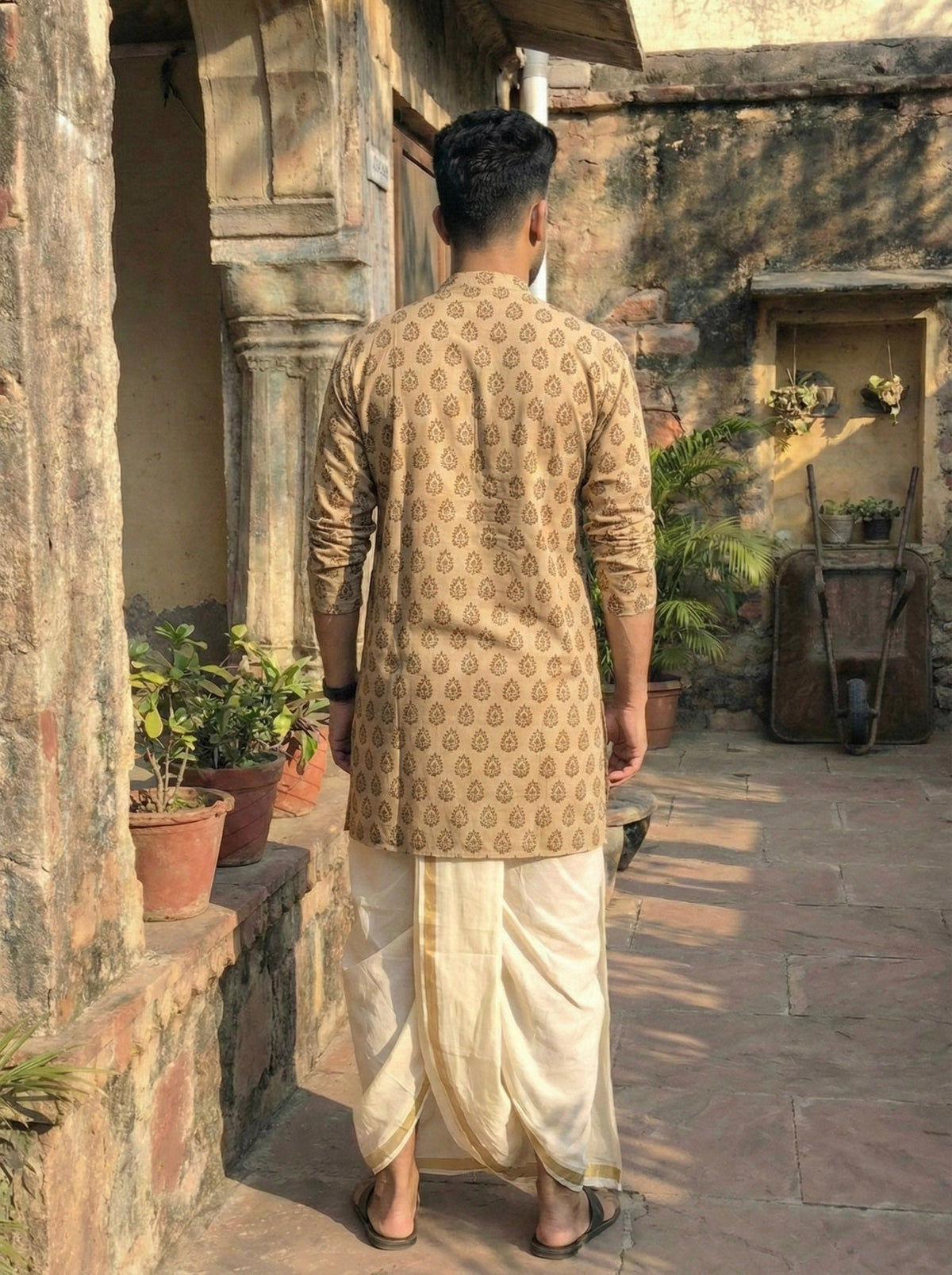 Beige Adhik Kurta back view, hand block paisley print on cotton, full length from behind